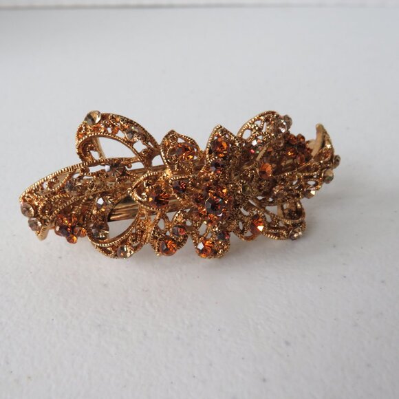 Women’s Flower Bow Gold Tone Metal Crystals Hair Barrette Hair Clip Accessory - Picture 8 of 9